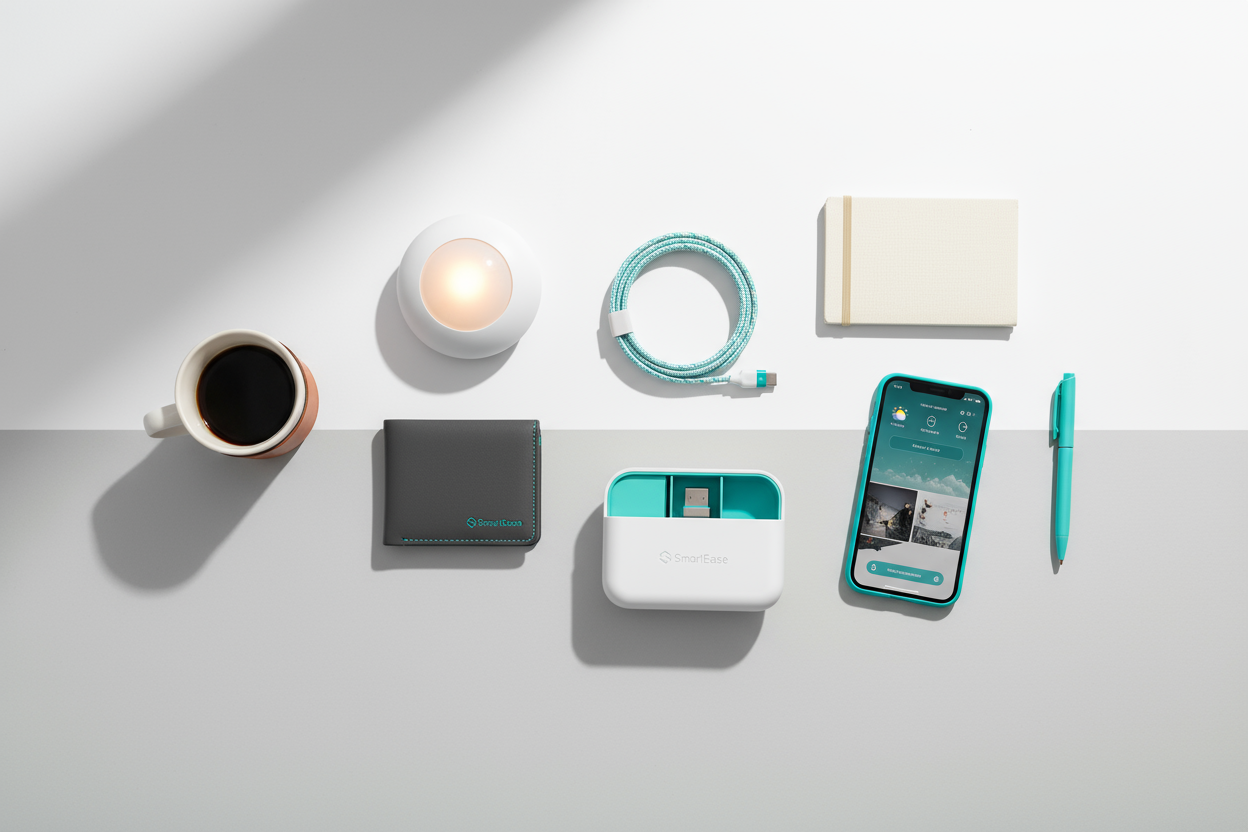 “A clean, modern, minimalist flat-lay scene on a white and light-gray background showing a selection of smart lifestyle gadgets from SmartEase — a motion sensor night light glowing softly, a magnetic charging cable neatly arranged, a compact smart wallet, and a cable organizer. Include soft natural shadows, subtle turquoise brand accents, and small lifestyle props like a coffee mug, notebook, or phone to add a cozy everyday vibe. Composition centered, plenty of empty space at the top for overlay text ‘Featu